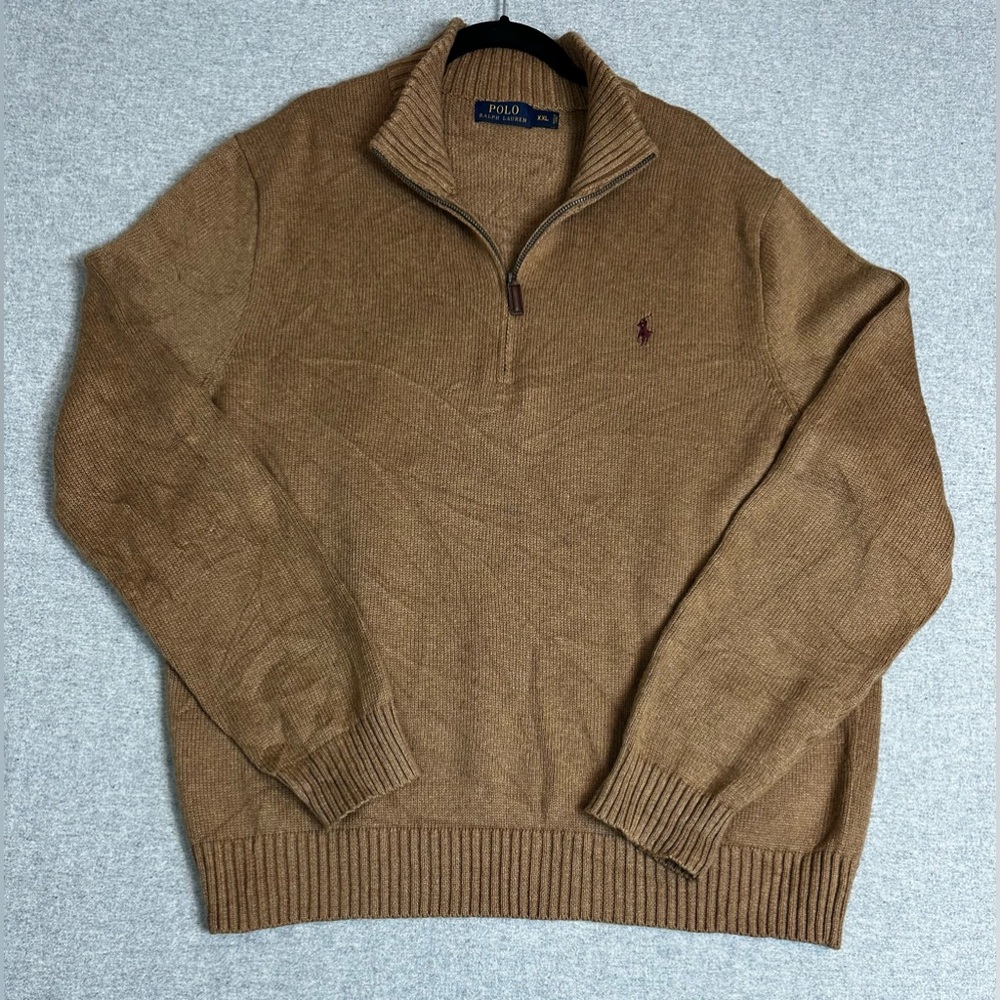 Polo Ralph Lauren Sweater Mens 2XL Brown Quarter Zip Cotton Pullover Pony Logo